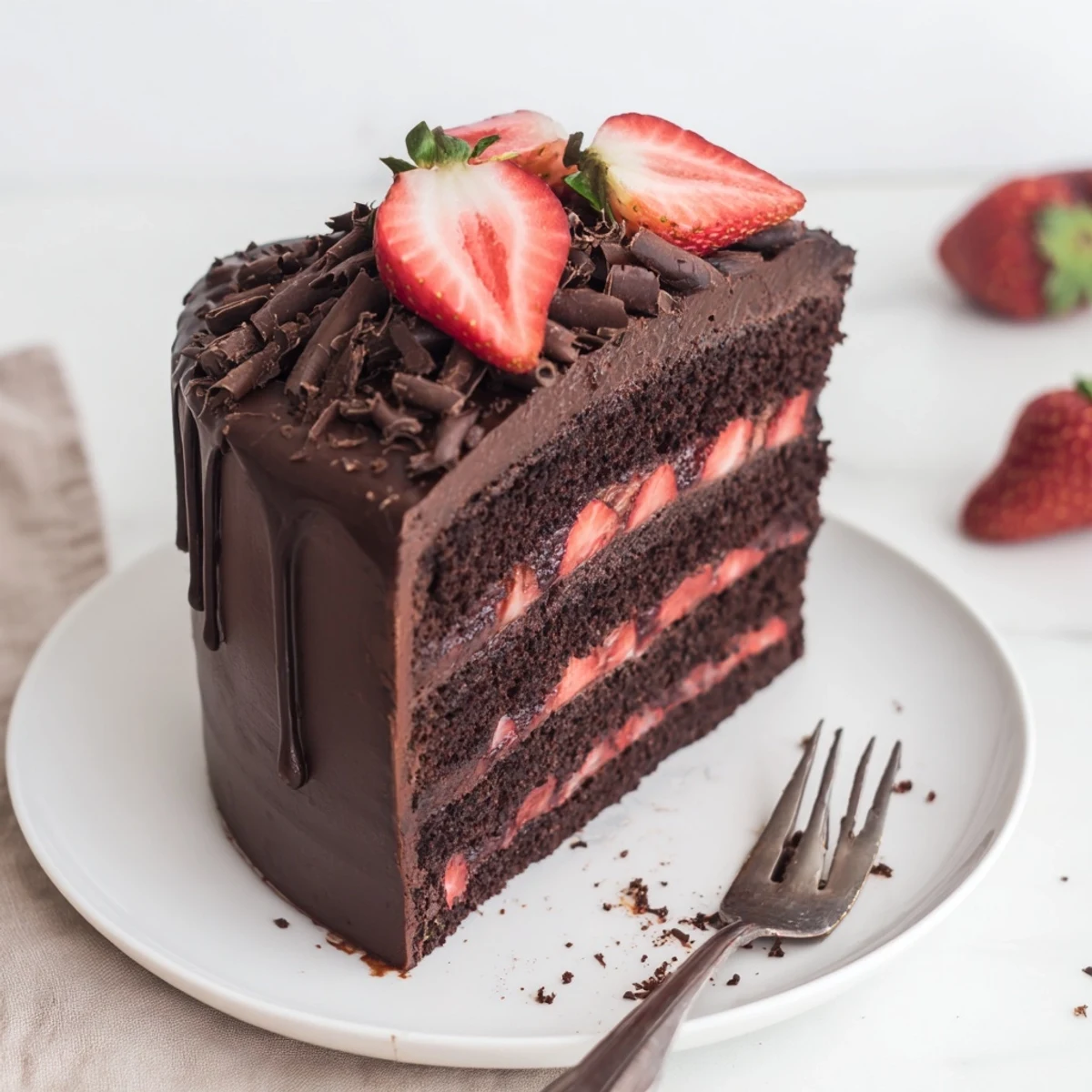 Strawberry Chocolate Cake with glossy ganache, fresh sliced berries, and chocolate shavings.