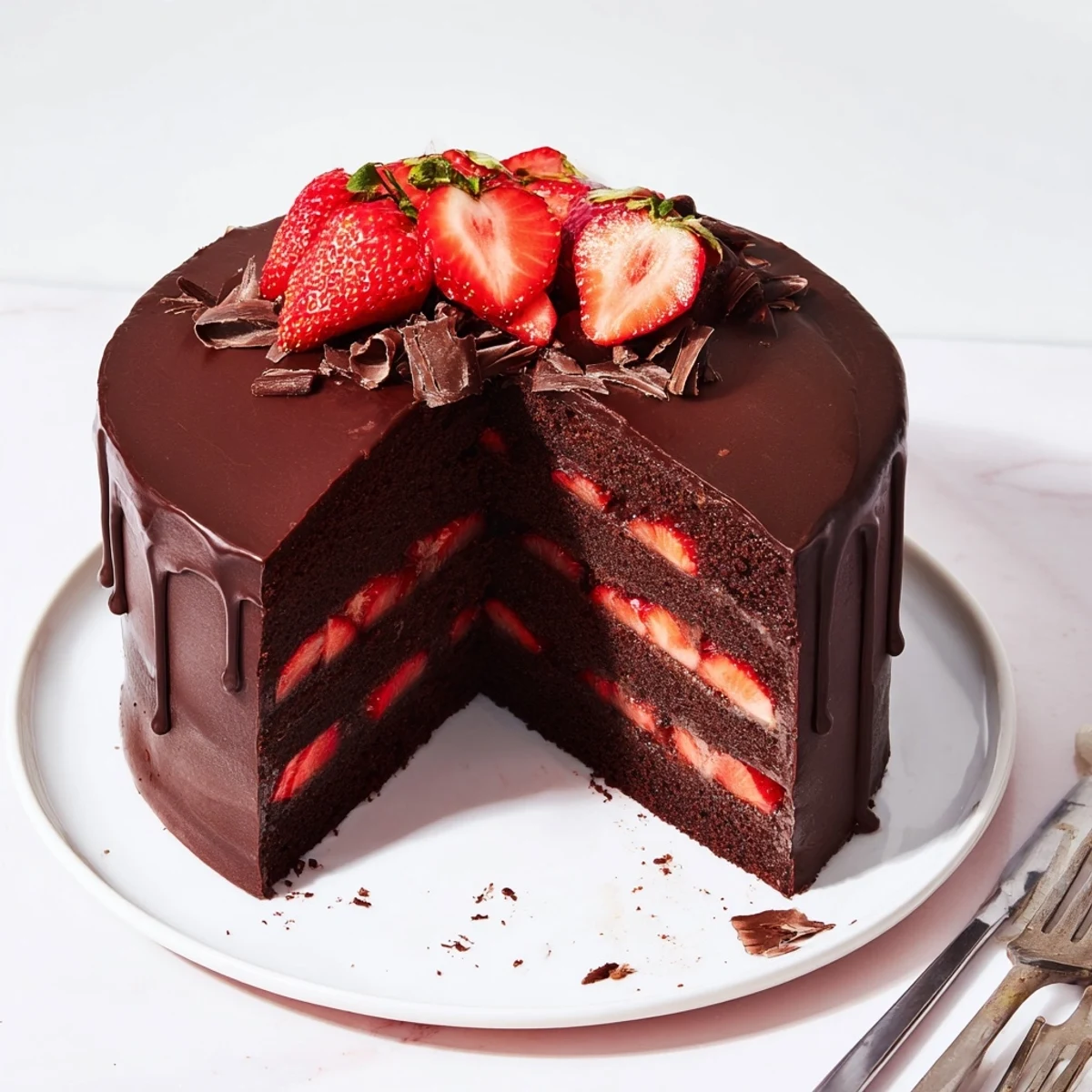Decadent Strawberry Chocolate Cake layered with juicy strawberries, chilled for cleaner slices.
