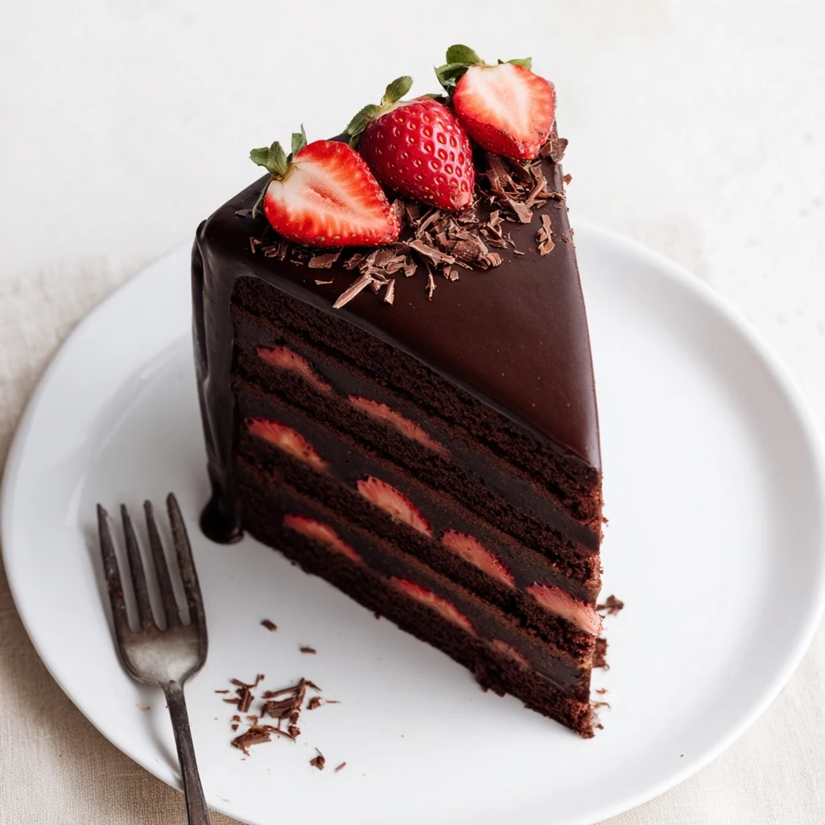 Slice of Strawberry Chocolate Cake on a plate, rich ganache glistening.