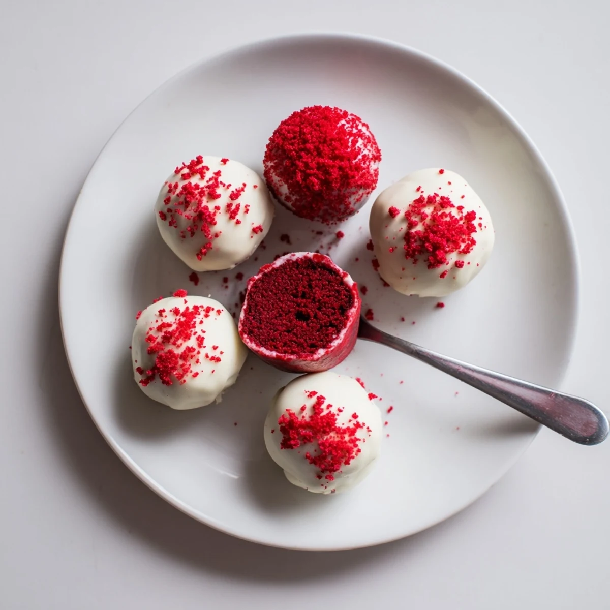Red Velvet Cheesecake Balls glistening with chocolate coating, sprinkled with red crumbs.