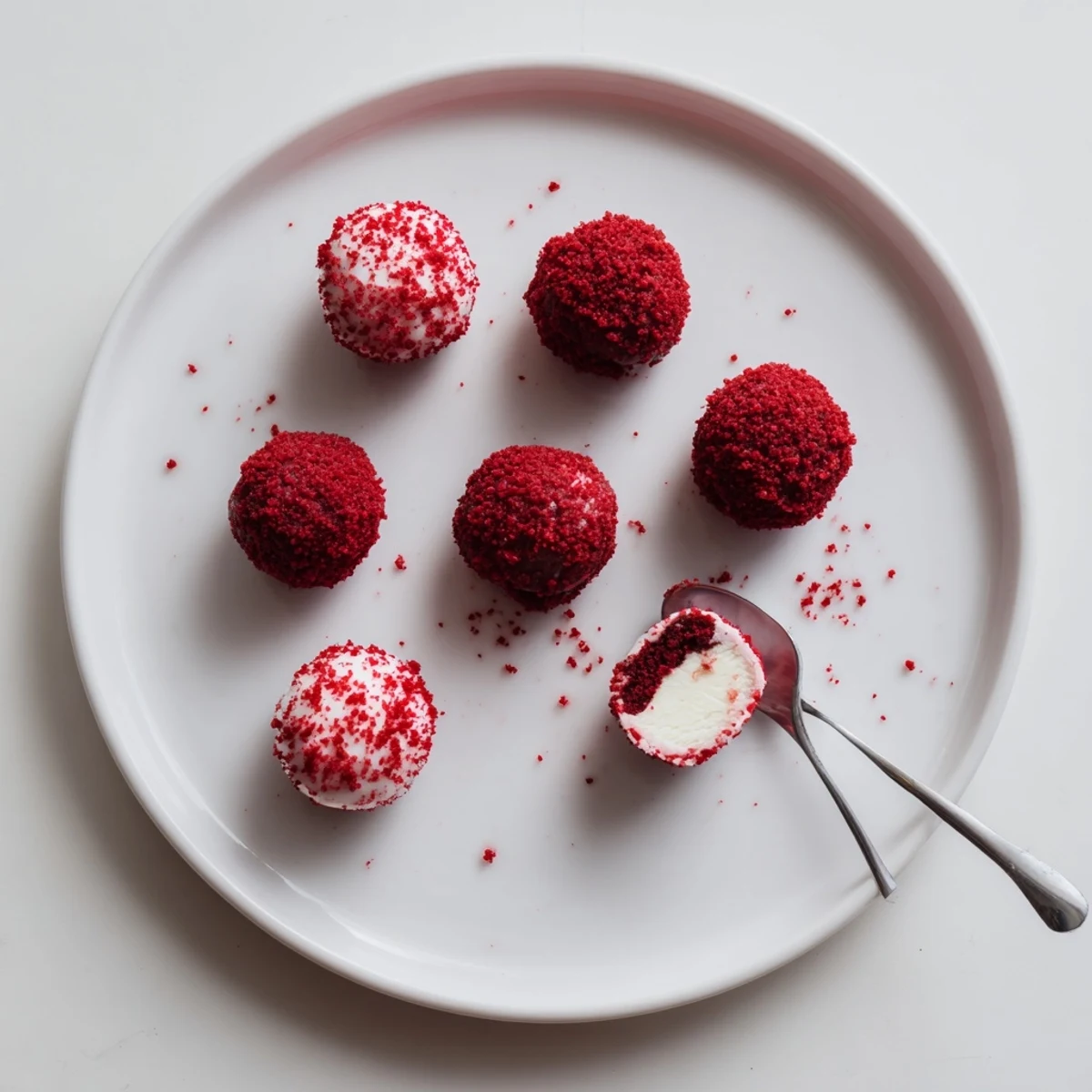 A plate of Red Velvet Cheesecake Balls chilled and ready for party serving.