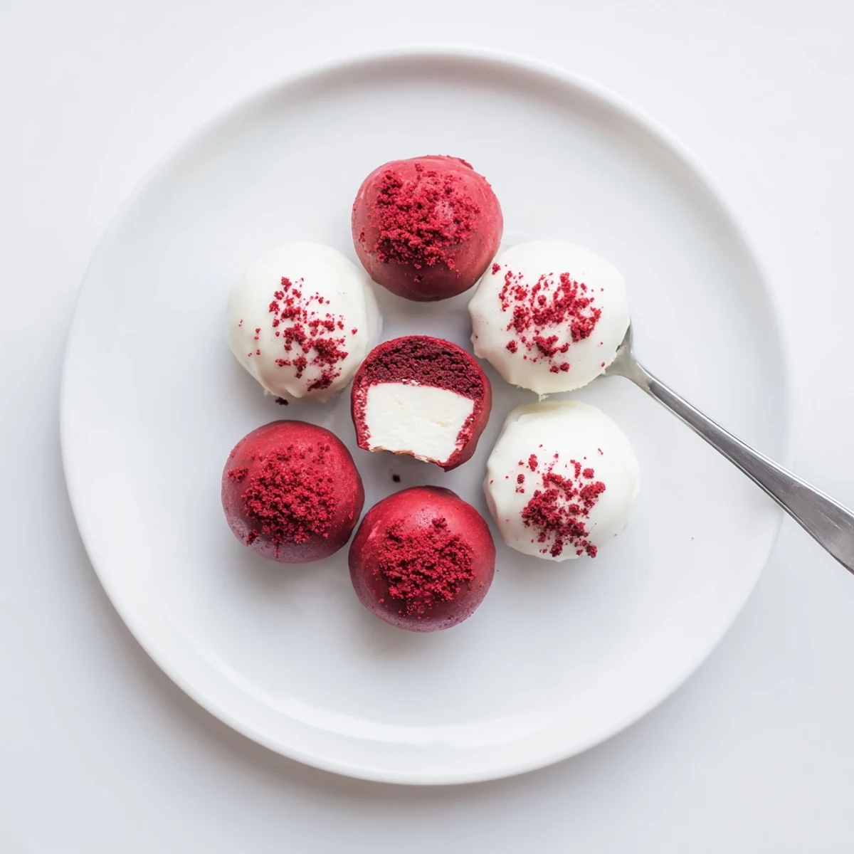 Red Velvet Cheesecake Balls bite-sized, creamy cheesecake interior, ideal for holiday gatherings.