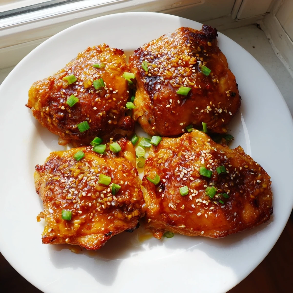 Crispy sweet chili air fryer chicken thighs glazed with sticky, golden sauce on a white plate