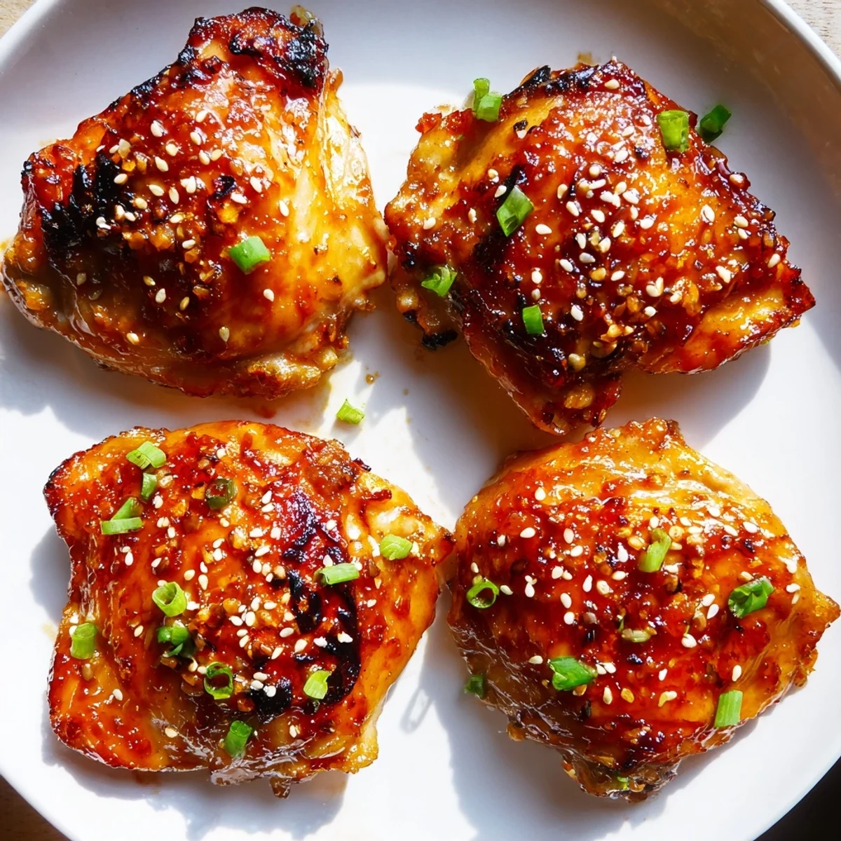 Juicy sweet chili air fryer chicken thighs topped with sesame seeds and sliced green onions