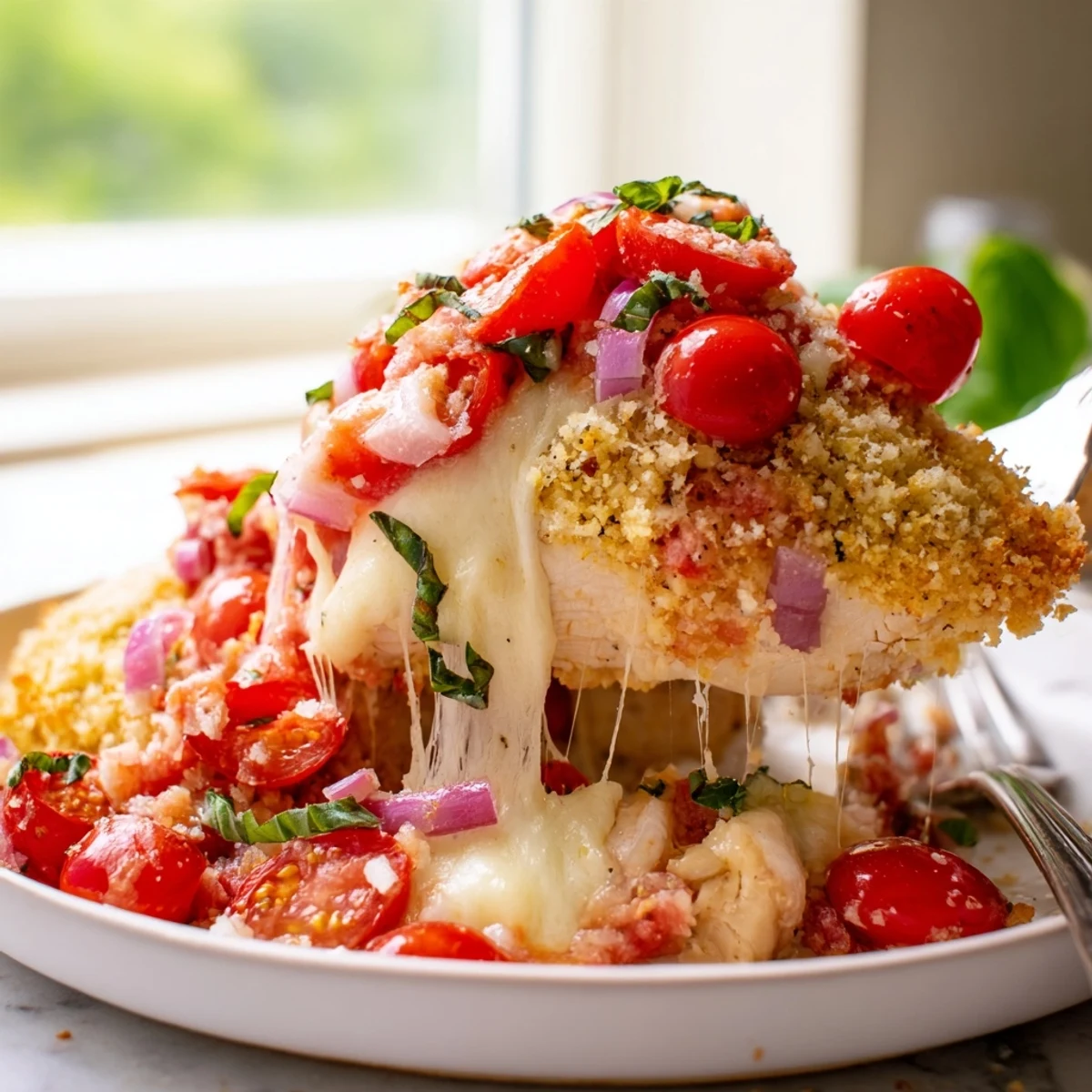 Golden baked chicken bruschetta casserole with bubbling mozzarella and fresh tomato topping