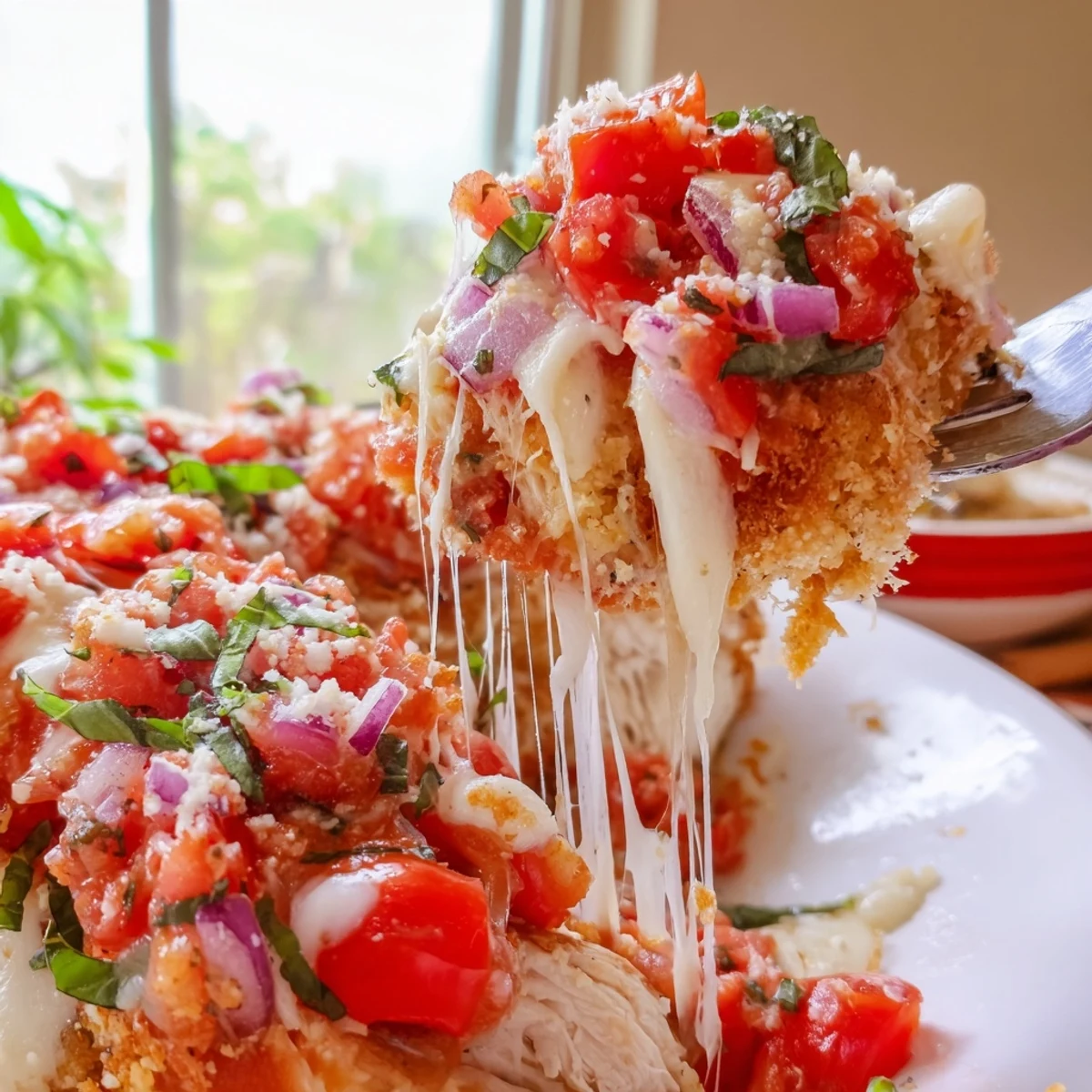 Creamy chicken bruschetta casserole topped with toasted bread crumbs and melted cheese