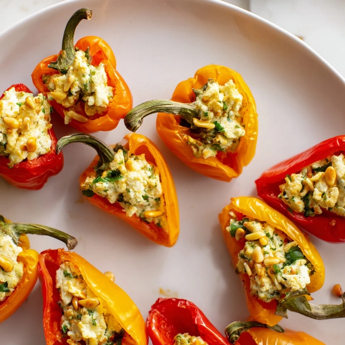 Golden roasted goat cheese stuffed mini peppers garnished with fresh herbs and lemon zest