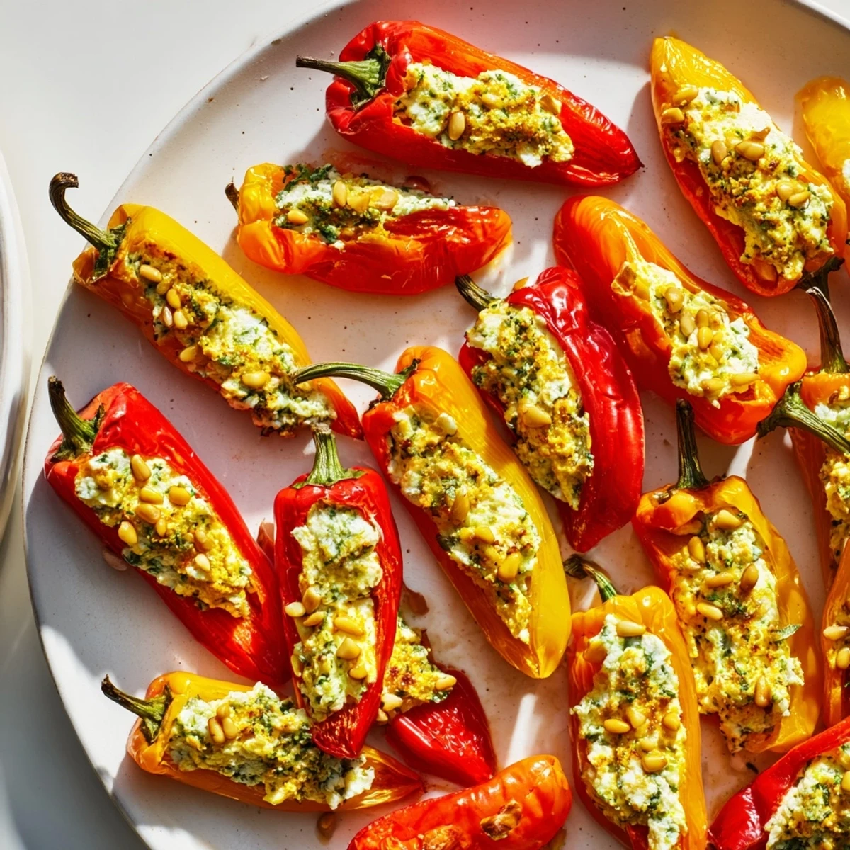 Creamy goat cheese stuffed mini peppers arranged on a rustic white serving platter