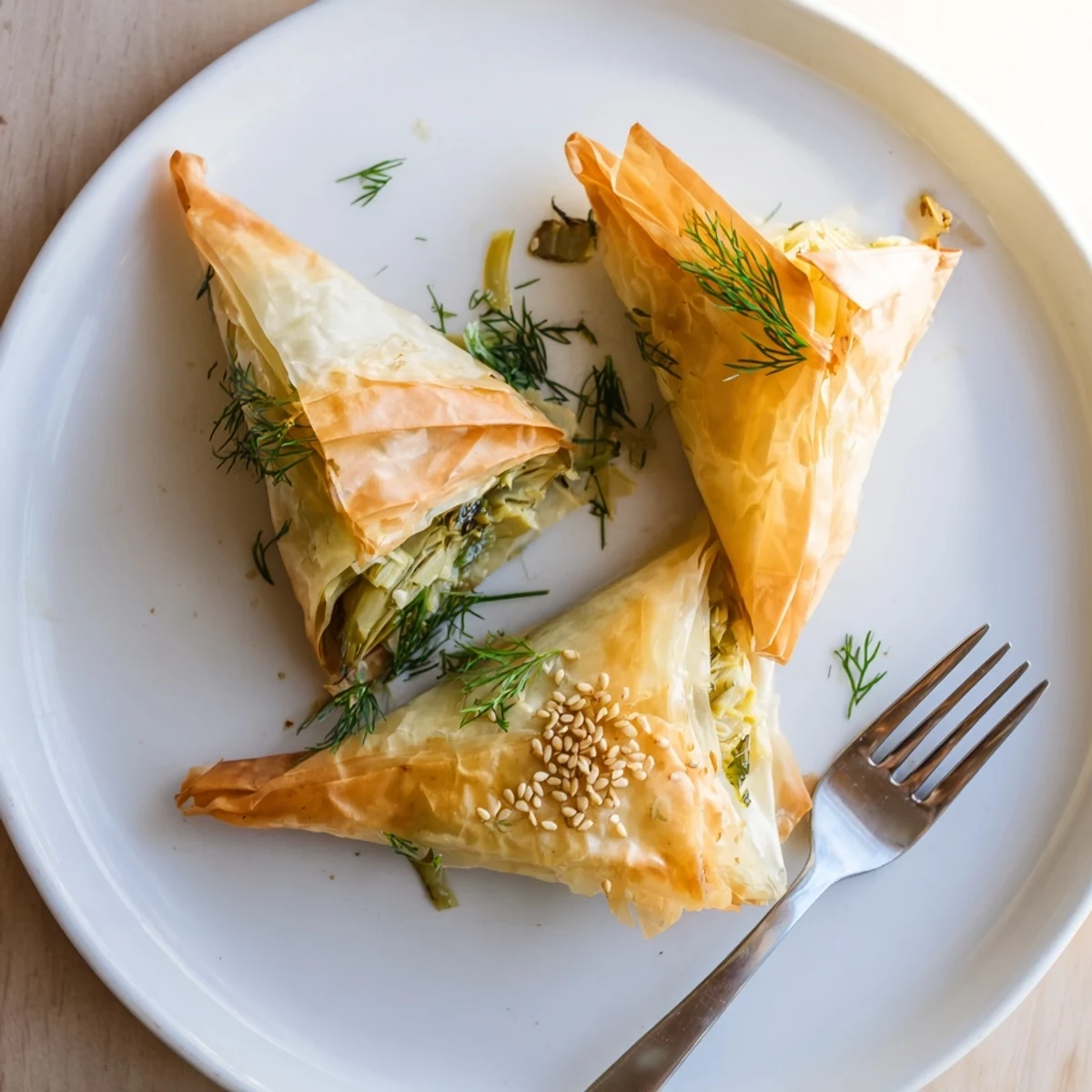 Crispy Artichoke and Graviera Filo Puffs with sesame-studded tops beside a bowl of tzatziki.