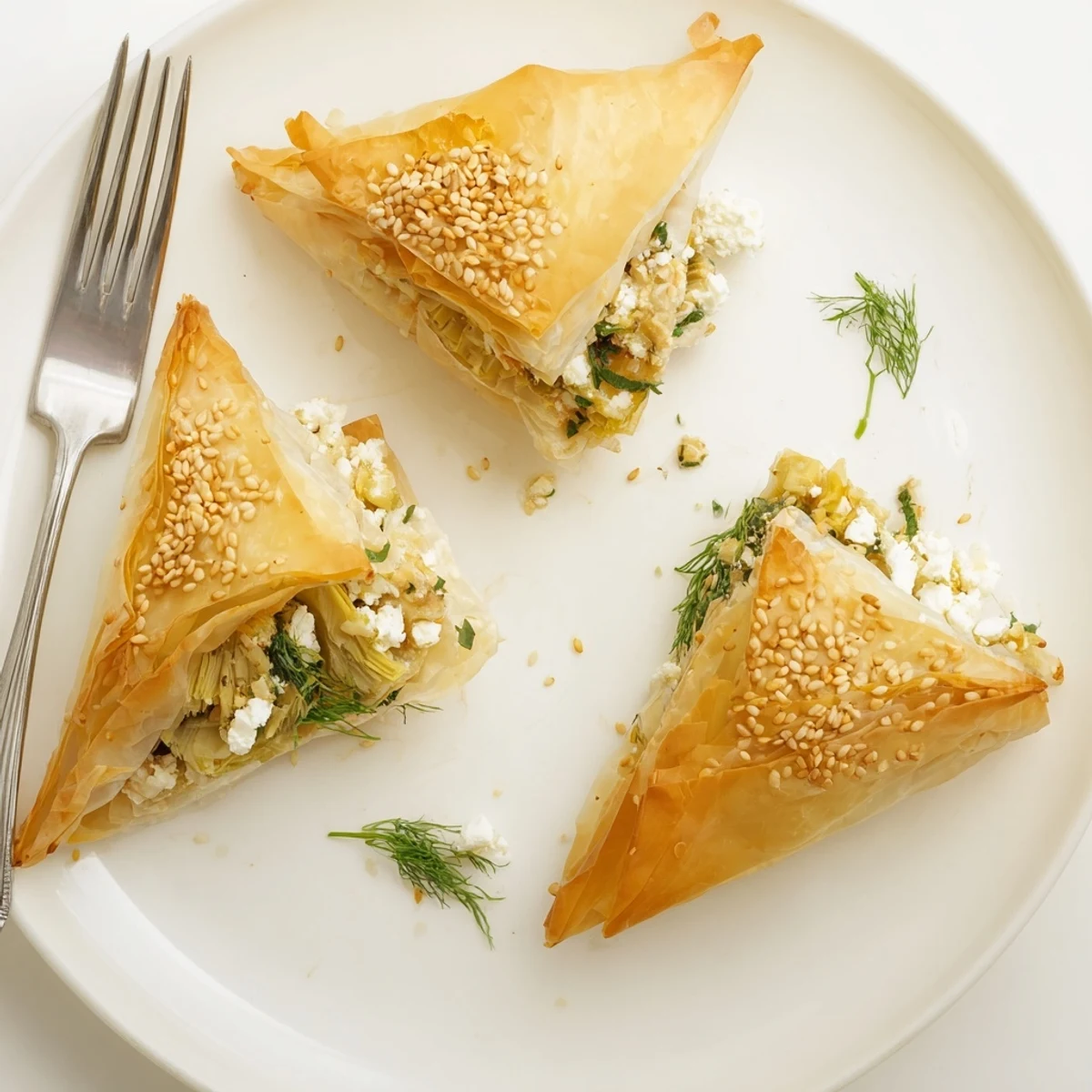 Close-up of Artichoke and Graviera Filo Puffs revealing melted cheese and tender artichoke filling inside.