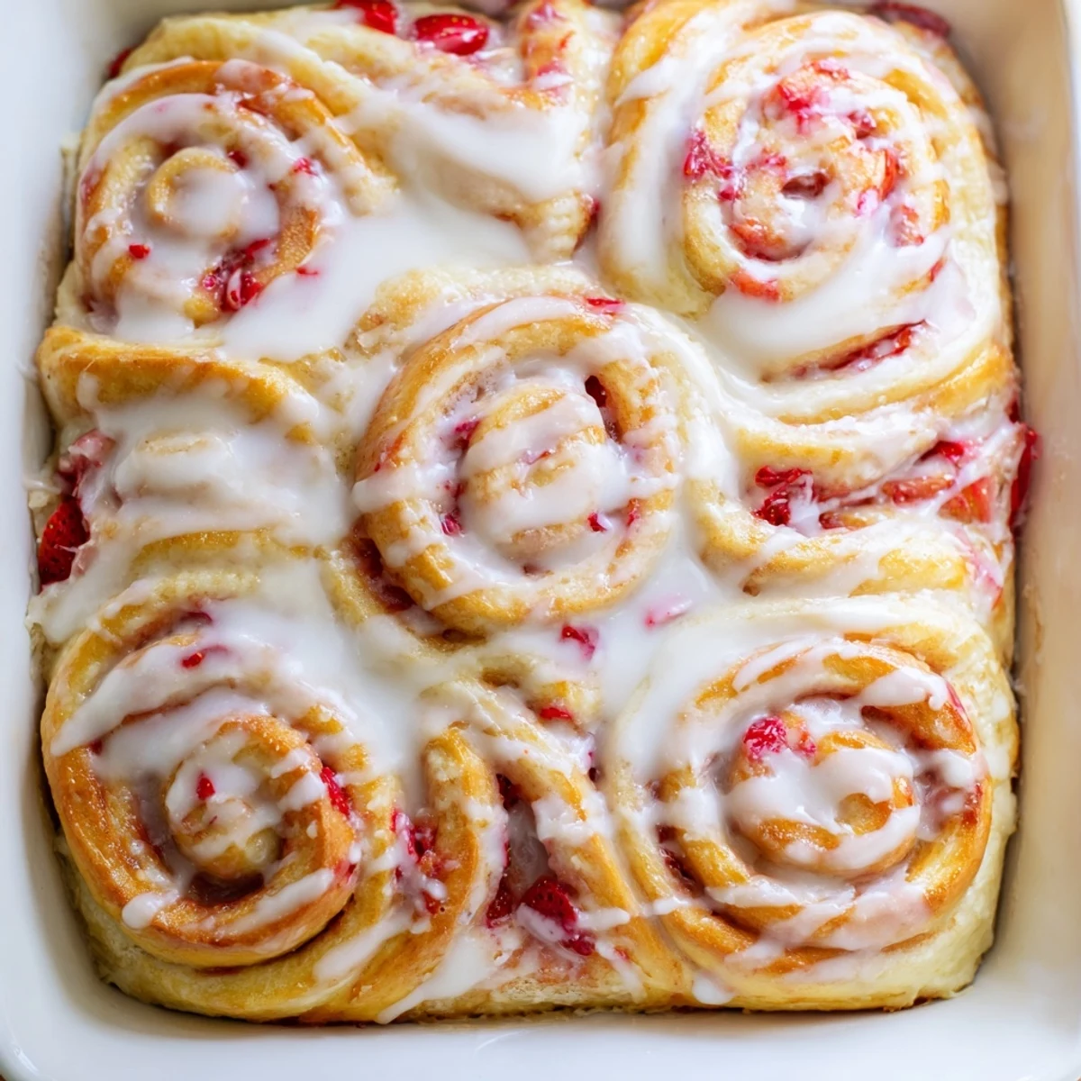 Golden strawberry cheesecake rolls drizzled with sweet vanilla glaze on a rustic plate