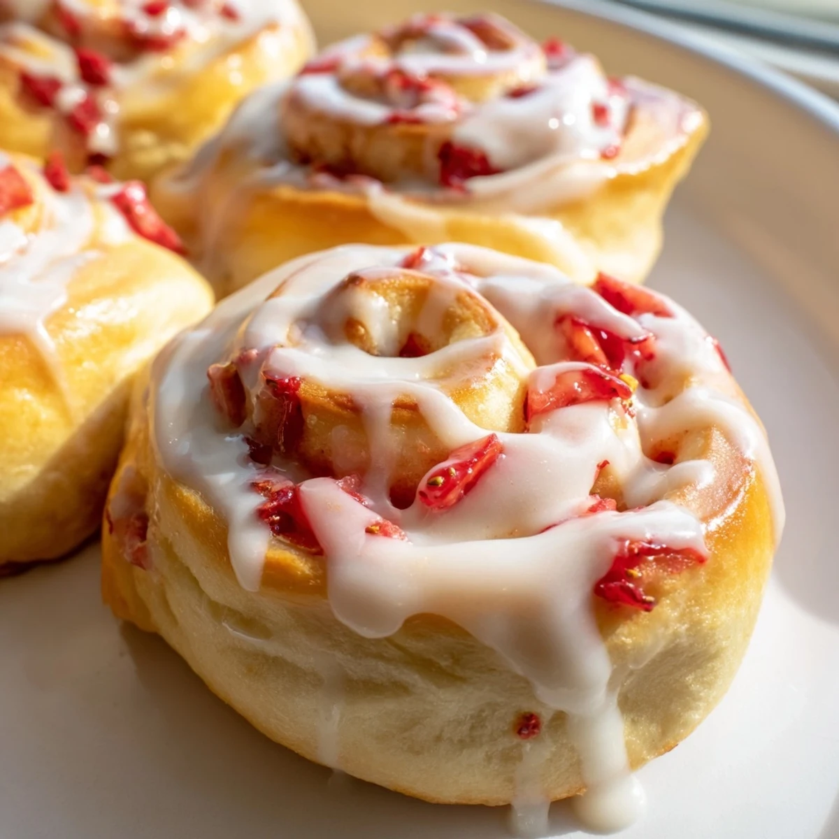 Warm strawberry cheesecake rolls pulled apart to reveal a creamy fruit-filled center