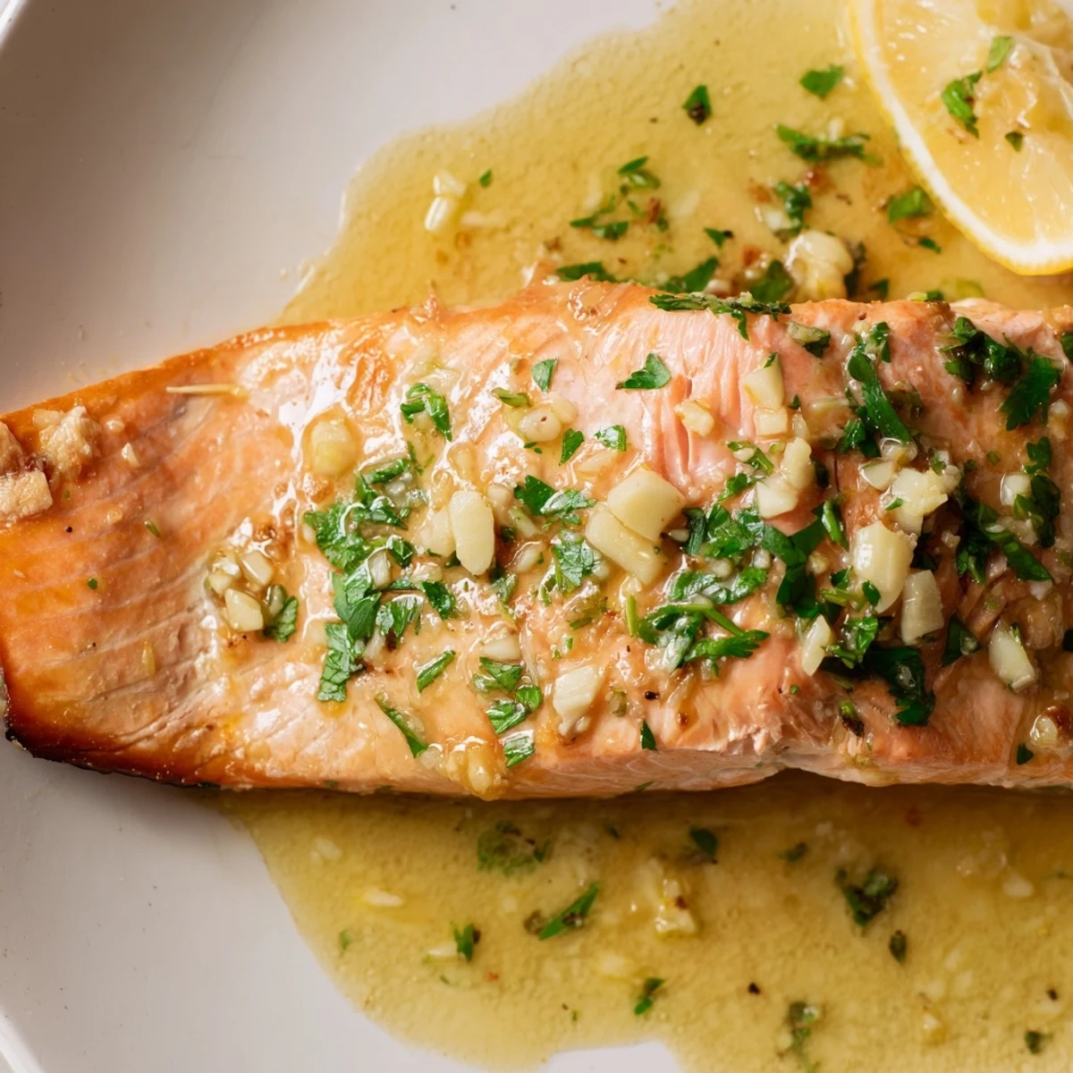 Golden garlic butter salmon fillets glistening in a fragrant lemon herb pan sauce
