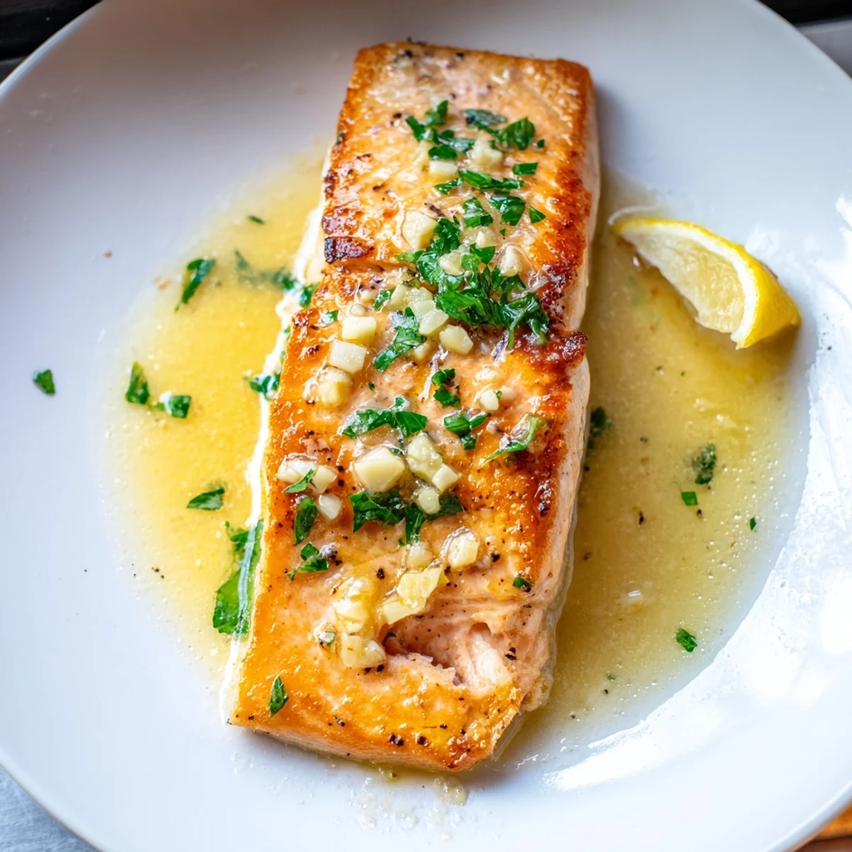 Crispy-skinned garlic butter salmon plated with fresh parsley and bright lemon wedges