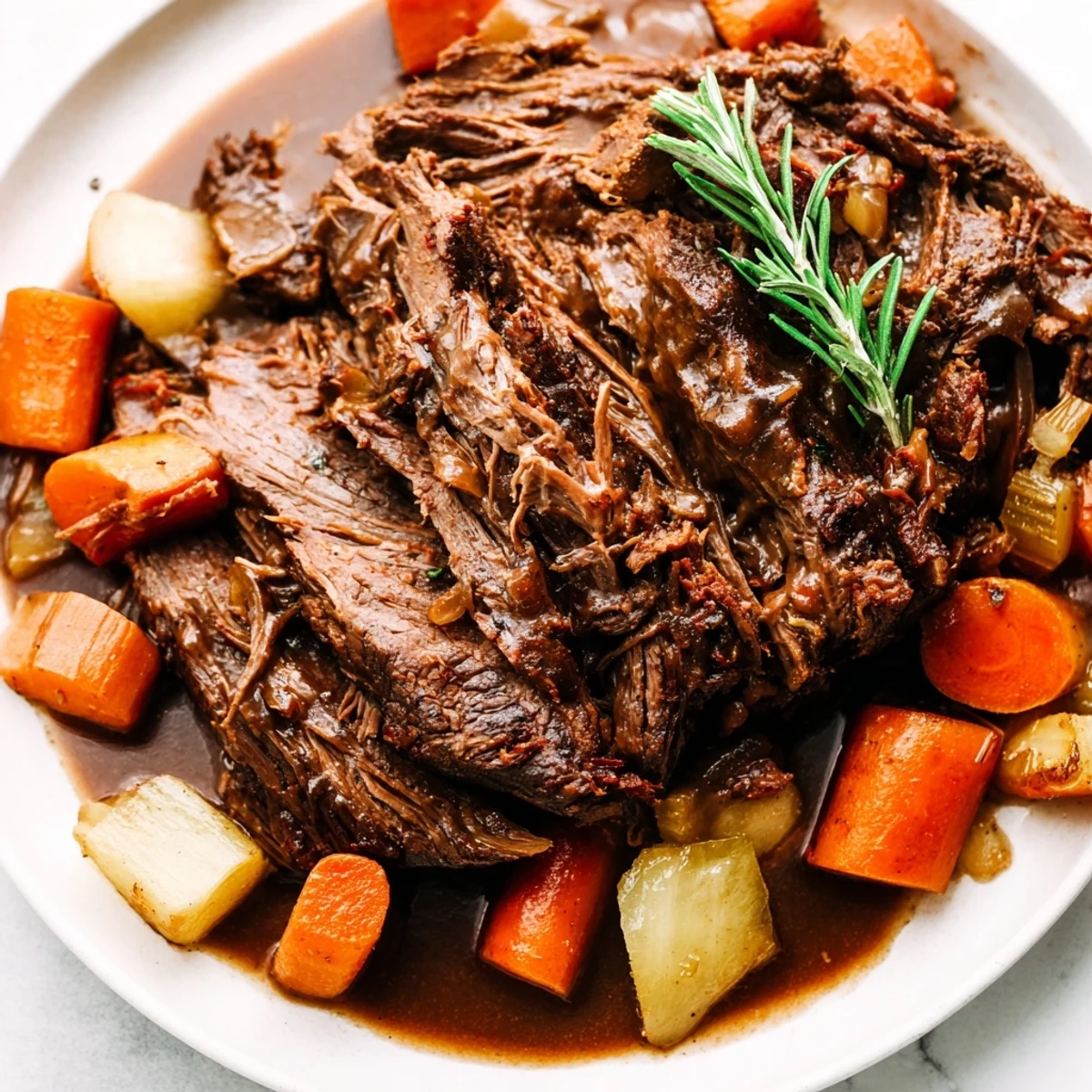 Perfect Pot Roast surrounded by caramelized root vegetables in a deep red wine sauce