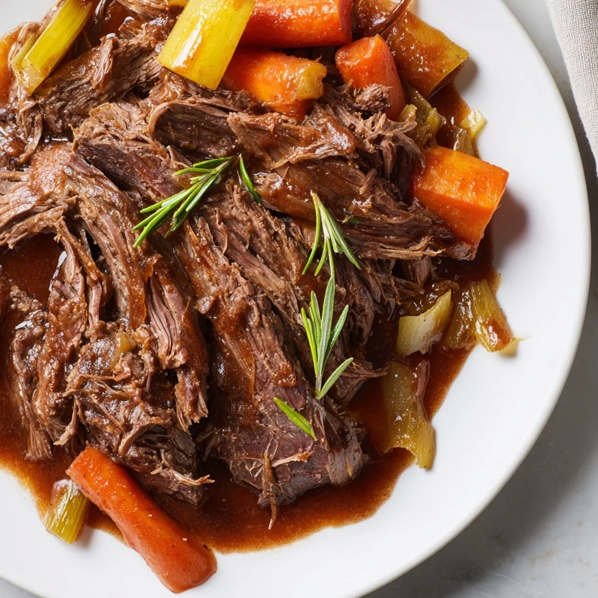 Perfect Pot Roast with tender pulled beef and glossy carrots in rich herb gravy