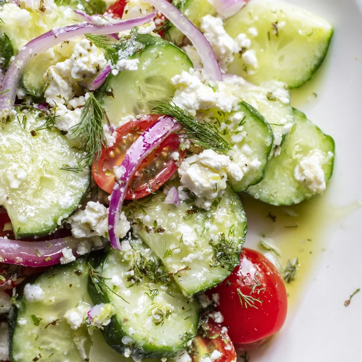Crisp cucumber and crumbled feta tossed with fresh dill in a bright Mediterranean herb salad