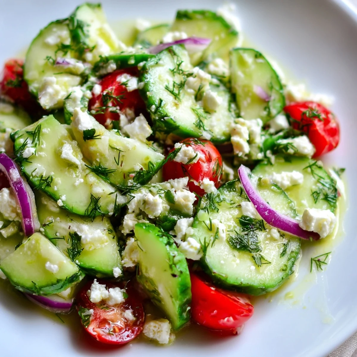 Vibrant feta cucumber herb salad topped with cherry tomatoes and fragrant mint on a white plate