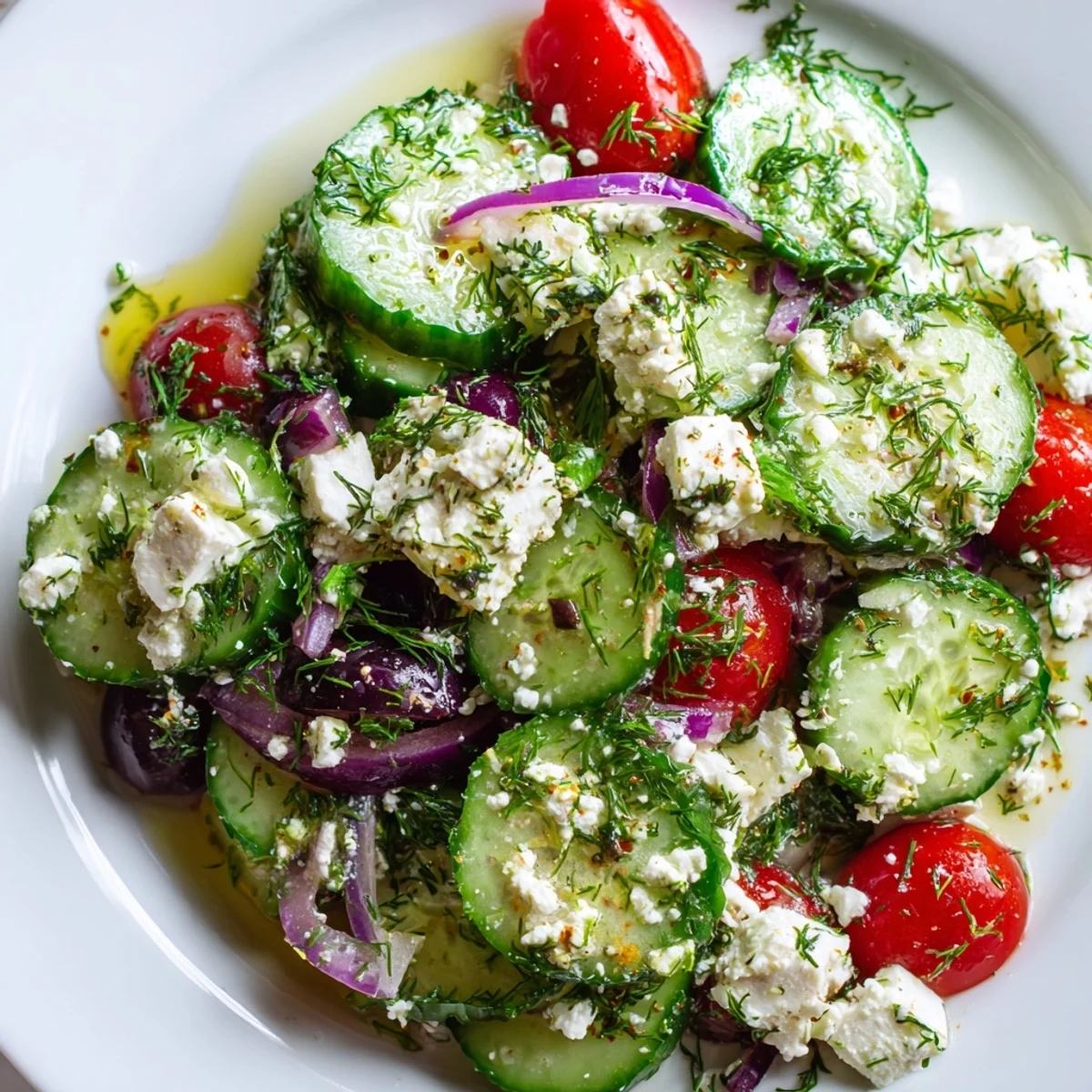 Creamy feta chunks glistening with lemon olive oil dressing over cool cucumber herb salad