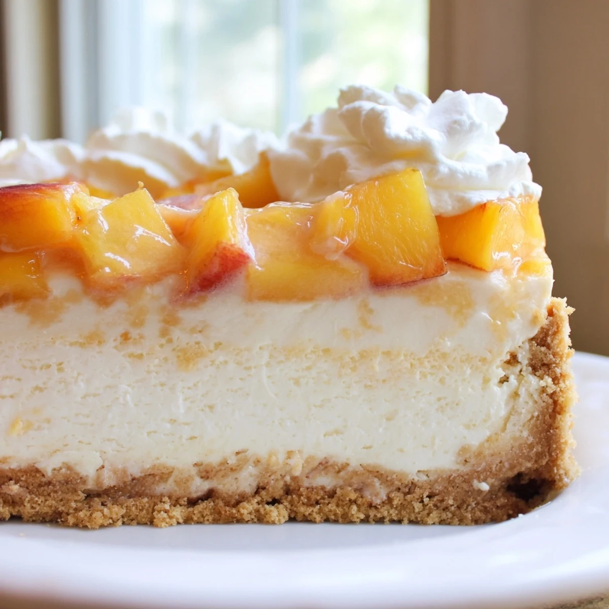 Creamy Peaches and Cream Cheesecake Bars sliced on a rustic summer dessert plate