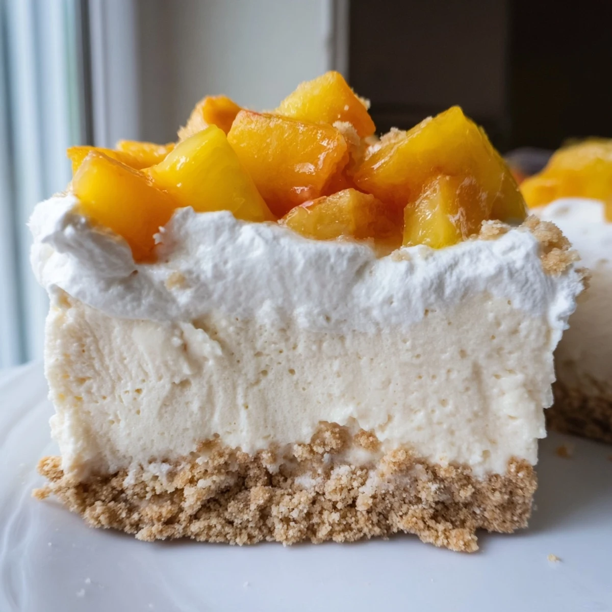 Golden graham crust peeks beneath luscious Peaches and Cream Cheesecake Bars topped with whipped cream