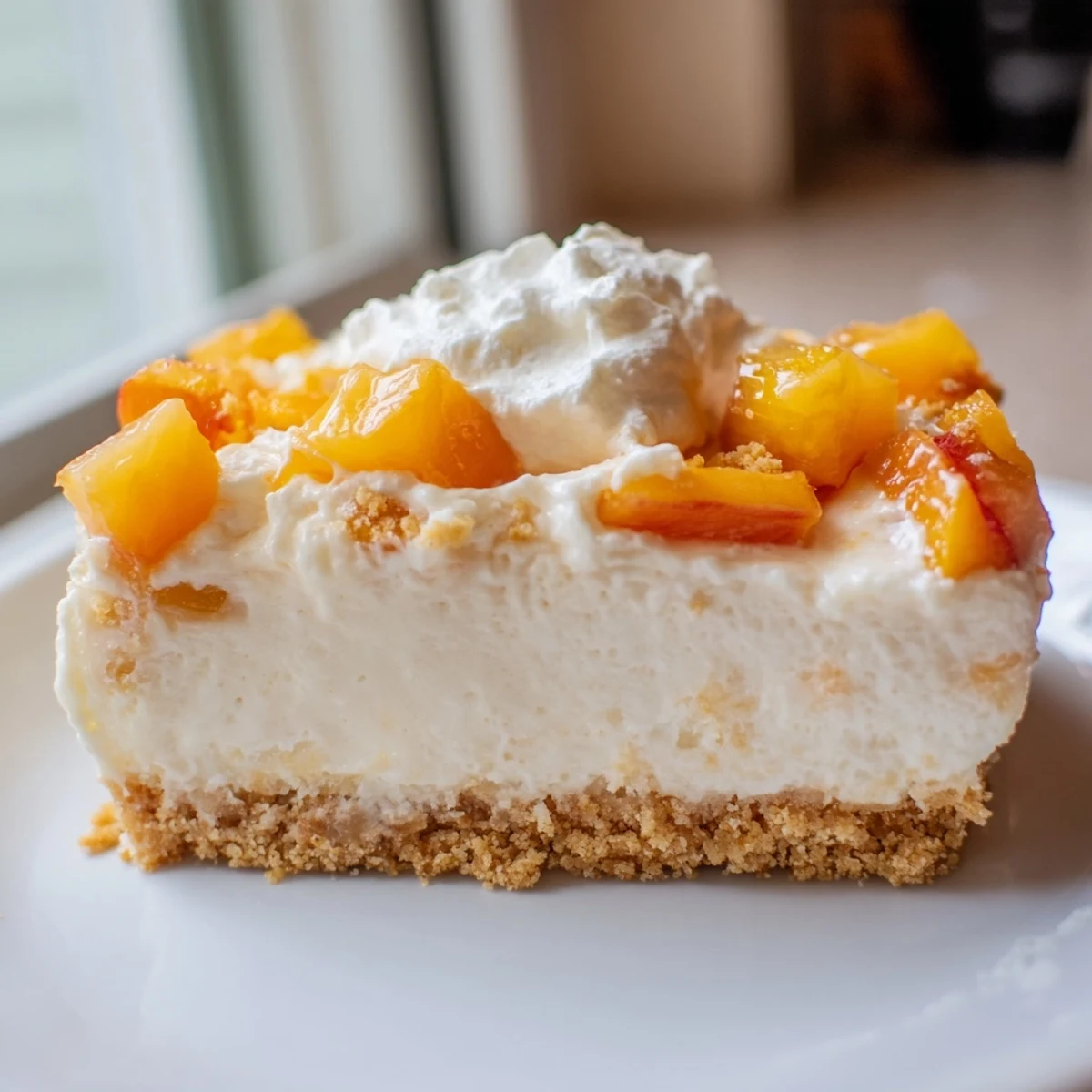 Juicy peach chunks crown silky Peaches and Cream Cheesecake Bars chilled to sliceable perfection