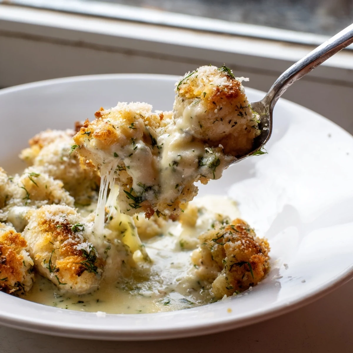 Golden crispy chicken Kiev casserole fresh from the oven with herb butter sauce