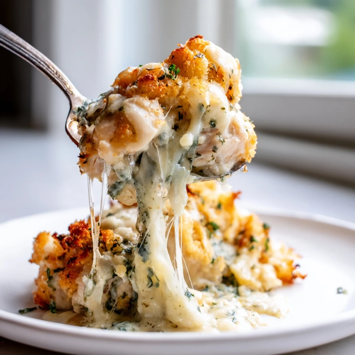 Creamy chicken Kiev casserole topped with crunchy panko and melted Parmesan cheese