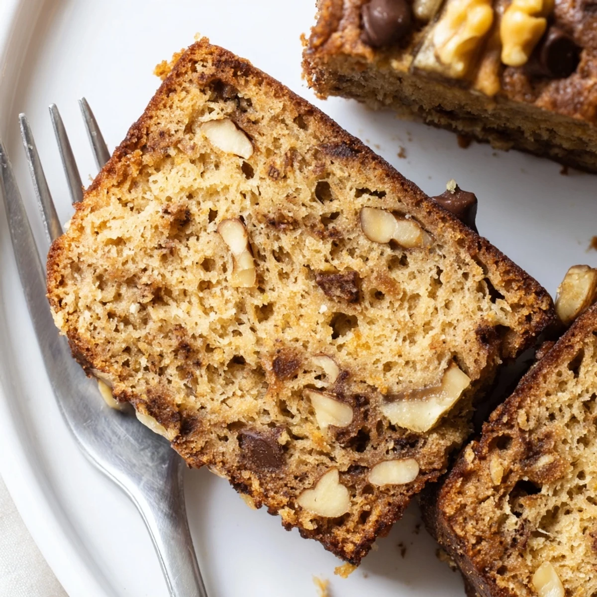 Golden banana cake sliced on a rustic plate with a tender crumb