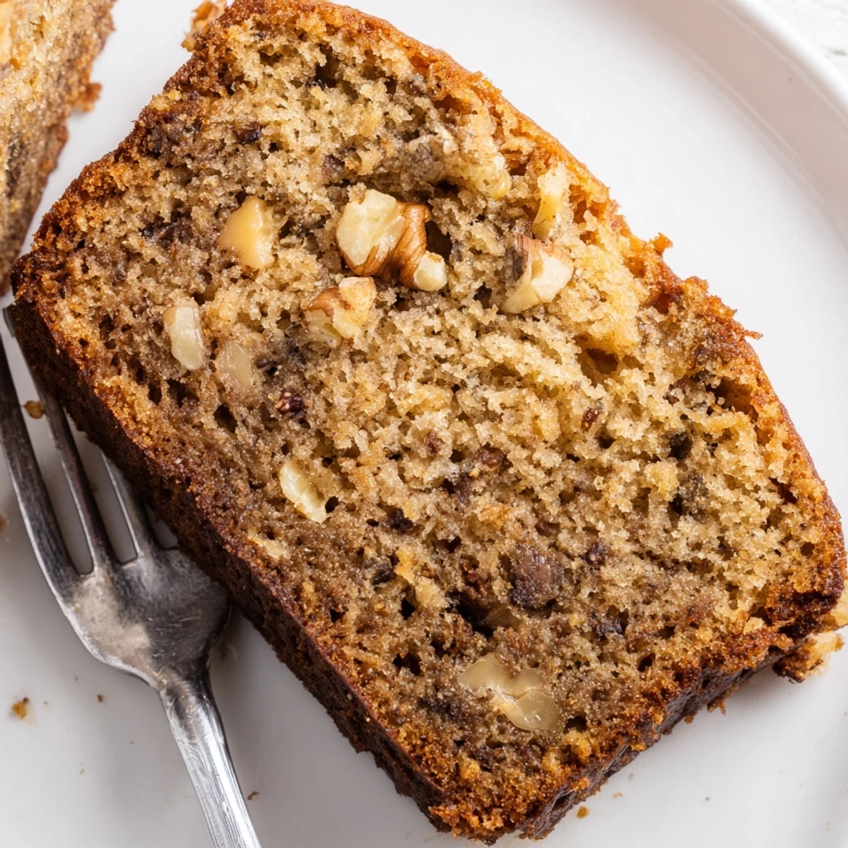 Warm banana cake square dusted with powdered sugar beside fresh banana slices