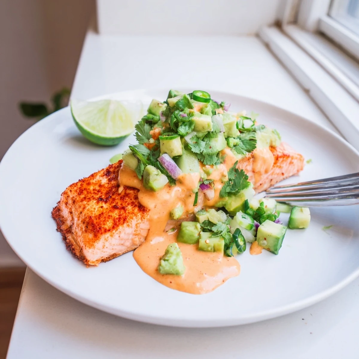 Crispy baked Bang Bang Salmon topped with cool avocado cucumber salsa on a white plate