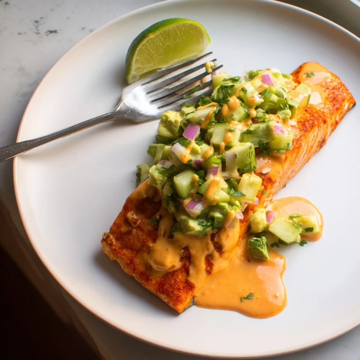 Creamy bang bang sauce drizzled over perfectly flaky salmon with fresh green avocado cucumber salsa