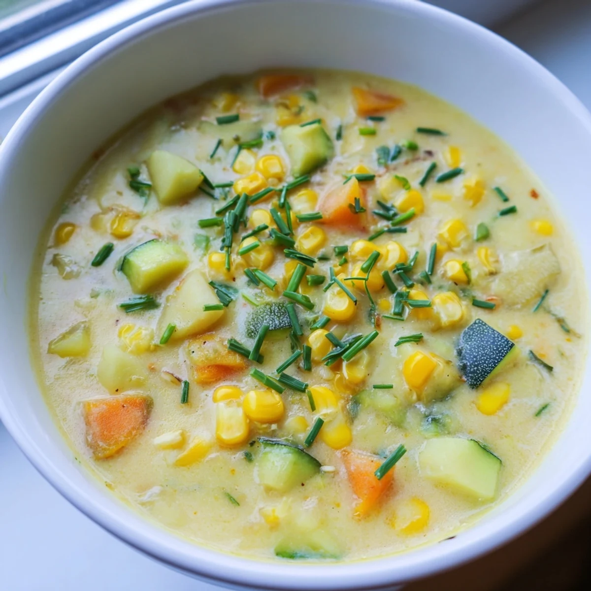 Creamy summer corn zucchini chowder ladled into a bowl with fresh chives on top