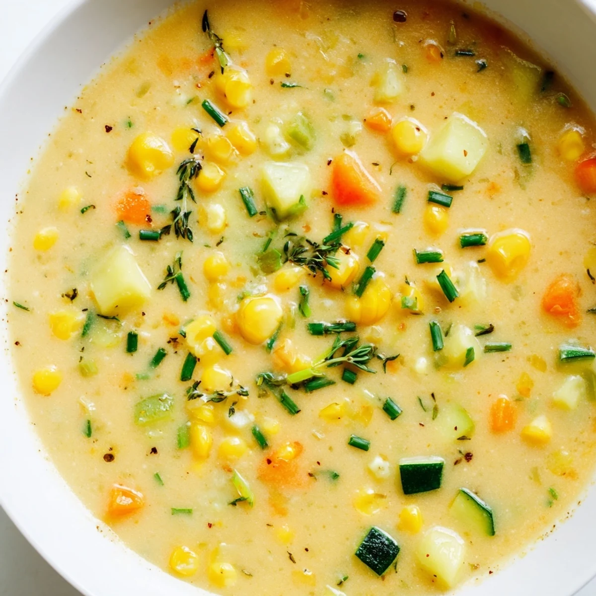 Steaming bowl of summer corn zucchini chowder garnished with parsley beside crusty bread