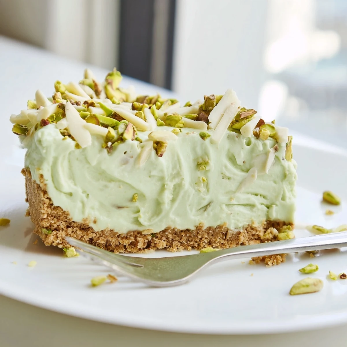 Creamy no bake pistachio cheesecake sliced and topped with crunchy chopped pistachios on a rustic plate
