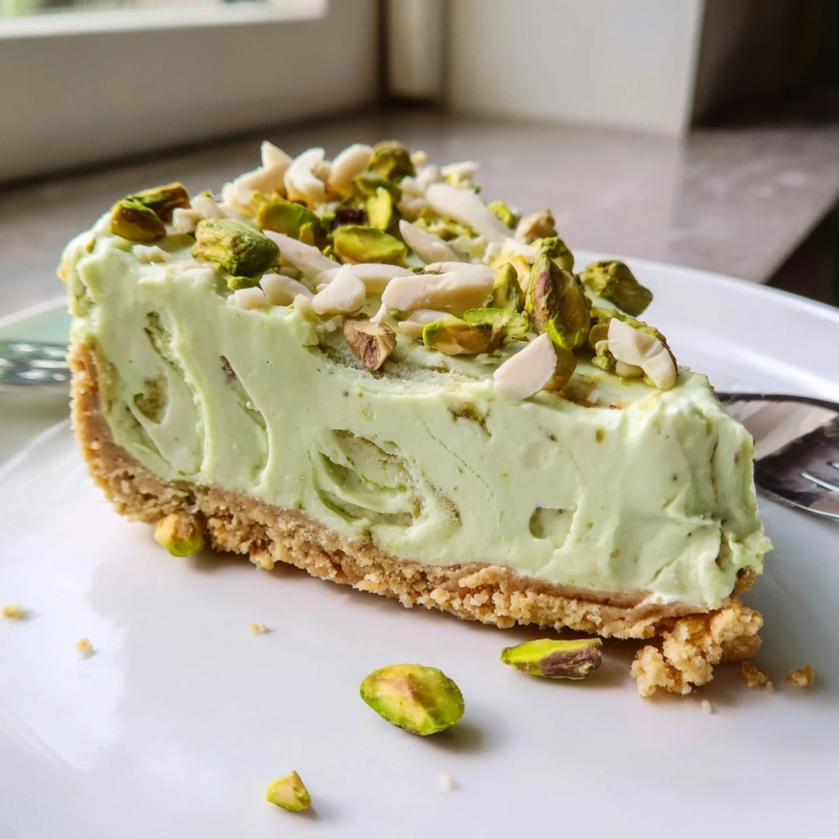 A rich green no bake pistachio cheesecake with a buttery graham cracker crust ready to serve