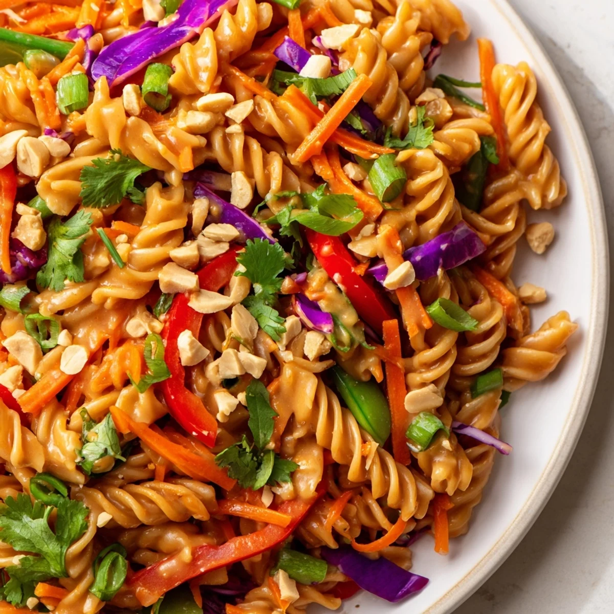 Colorful spicy Thai pasta salad tossed with crisp vegetables and creamy peanut dressing