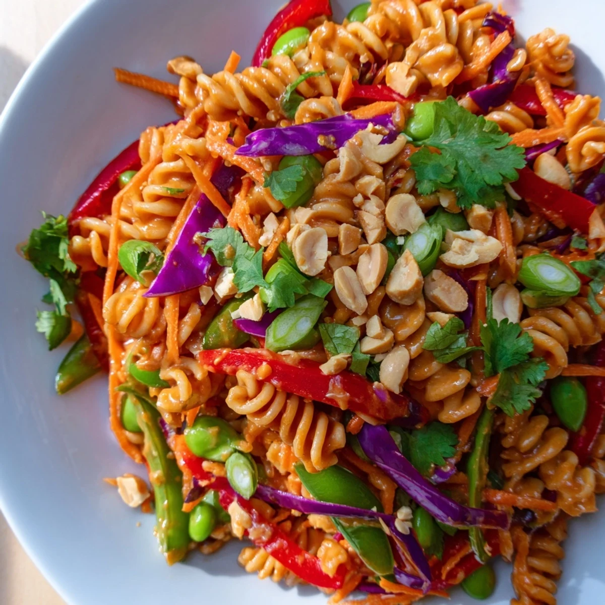 Spicy Thai pasta salad garnished with crushed peanuts in a vibrant serving bowl
