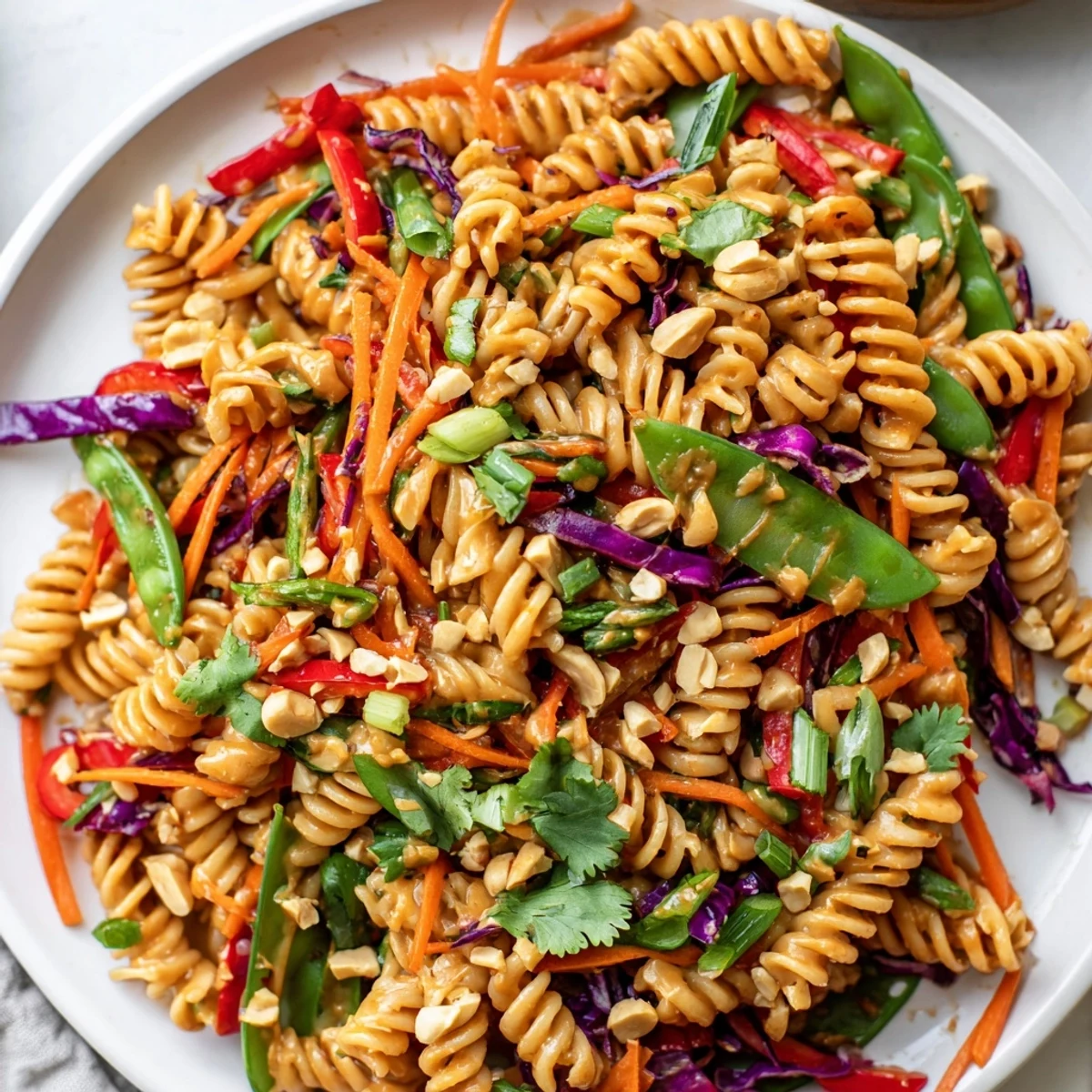Tender noodles coated in zesty peanut sauce make this spicy Thai pasta salad irresistible