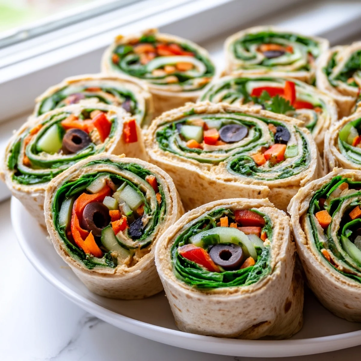 Colorful vegan picnic hummus veggie pinwheels sliced to reveal crisp fresh vegetables and creamy filling