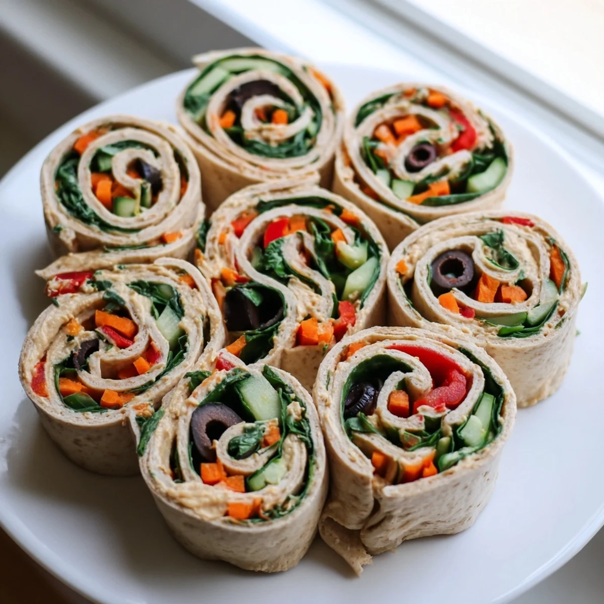 Vibrant spiral slices of vegan picnic hummus veggie pinwheels arranged on a sunny outdoor platter