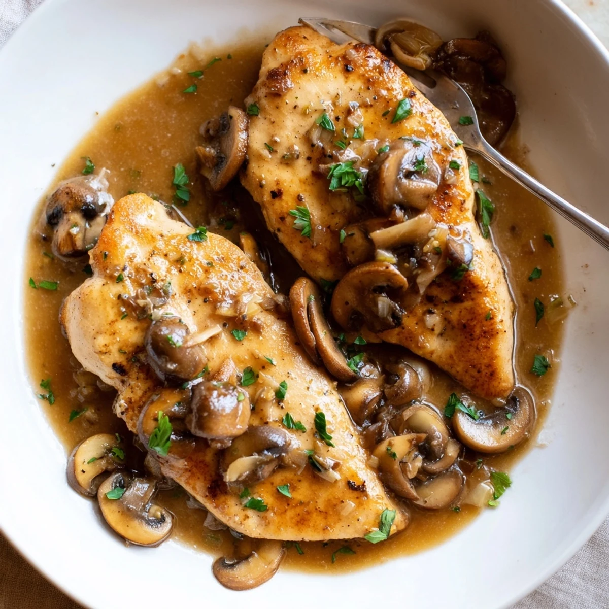 Golden pan-seared chicken breasts in a rich, glossy dairy-free Marsala wine sauce