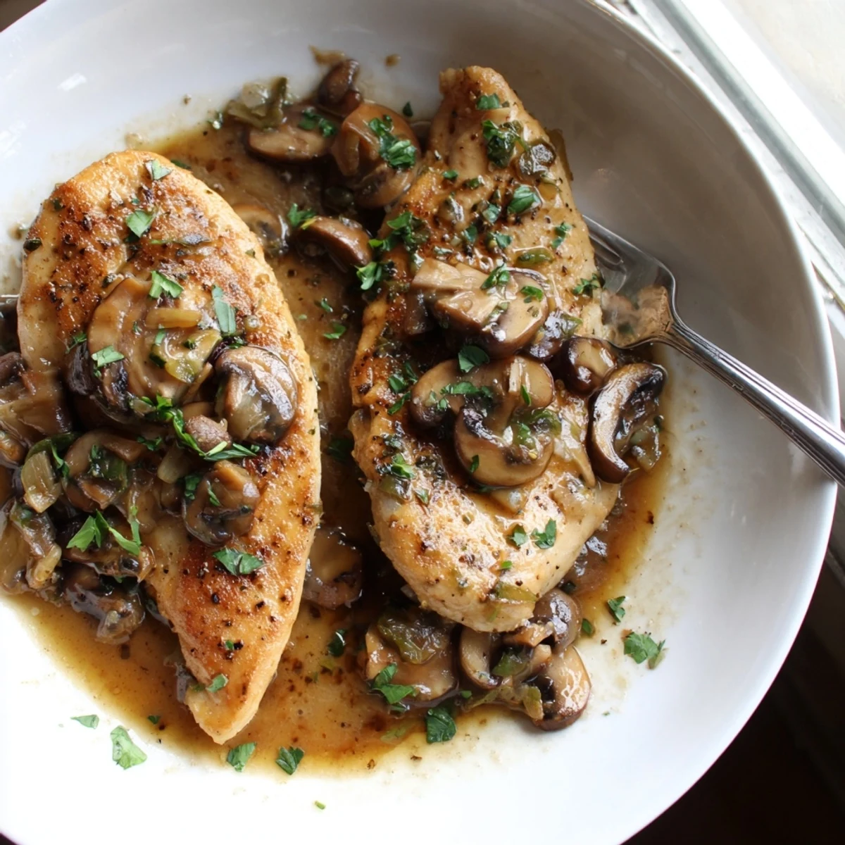 Tender chicken Marsala with sautéed mushrooms in a silky dairy-free pan sauce