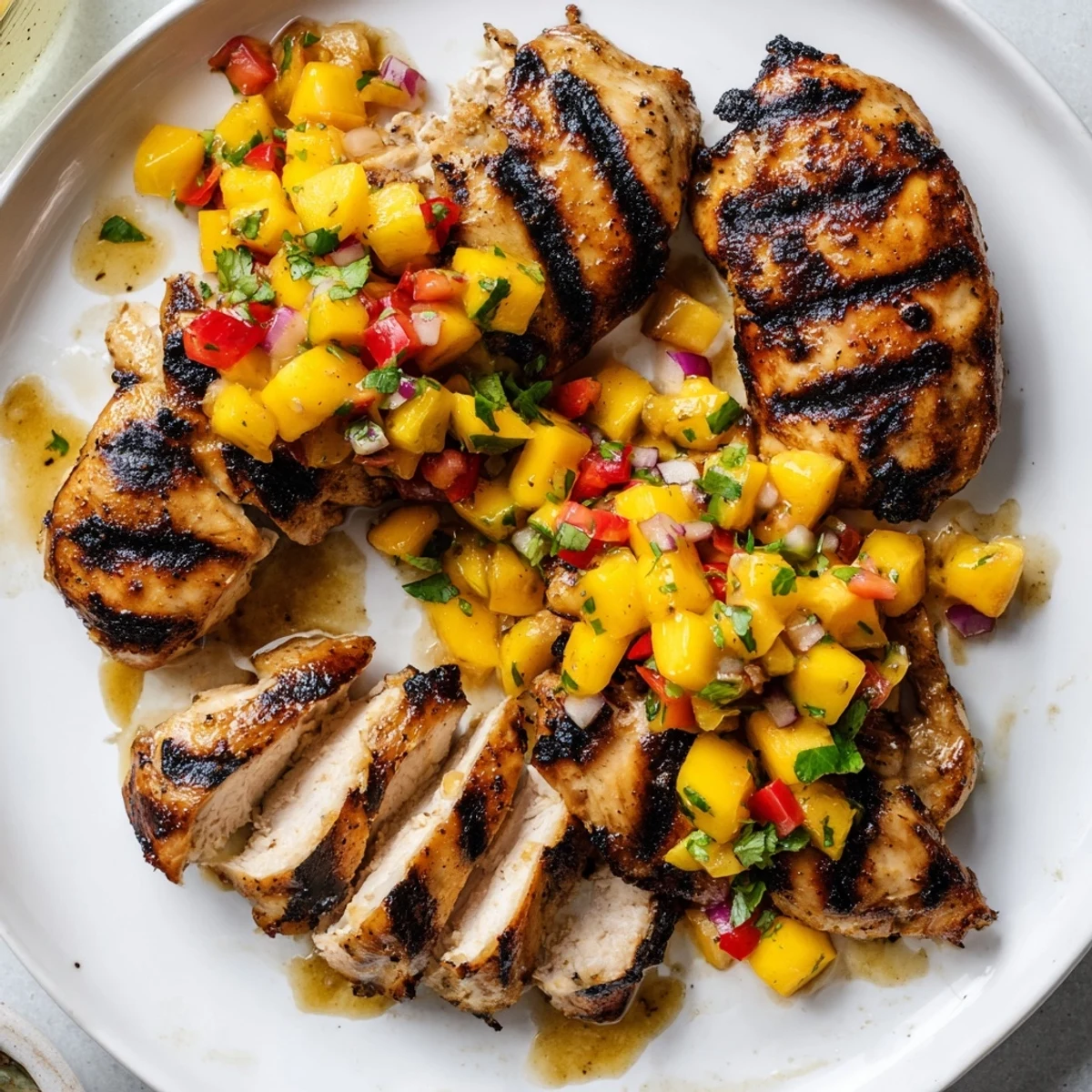 Juicy honey lime chicken with mango salsa plated on a white dish