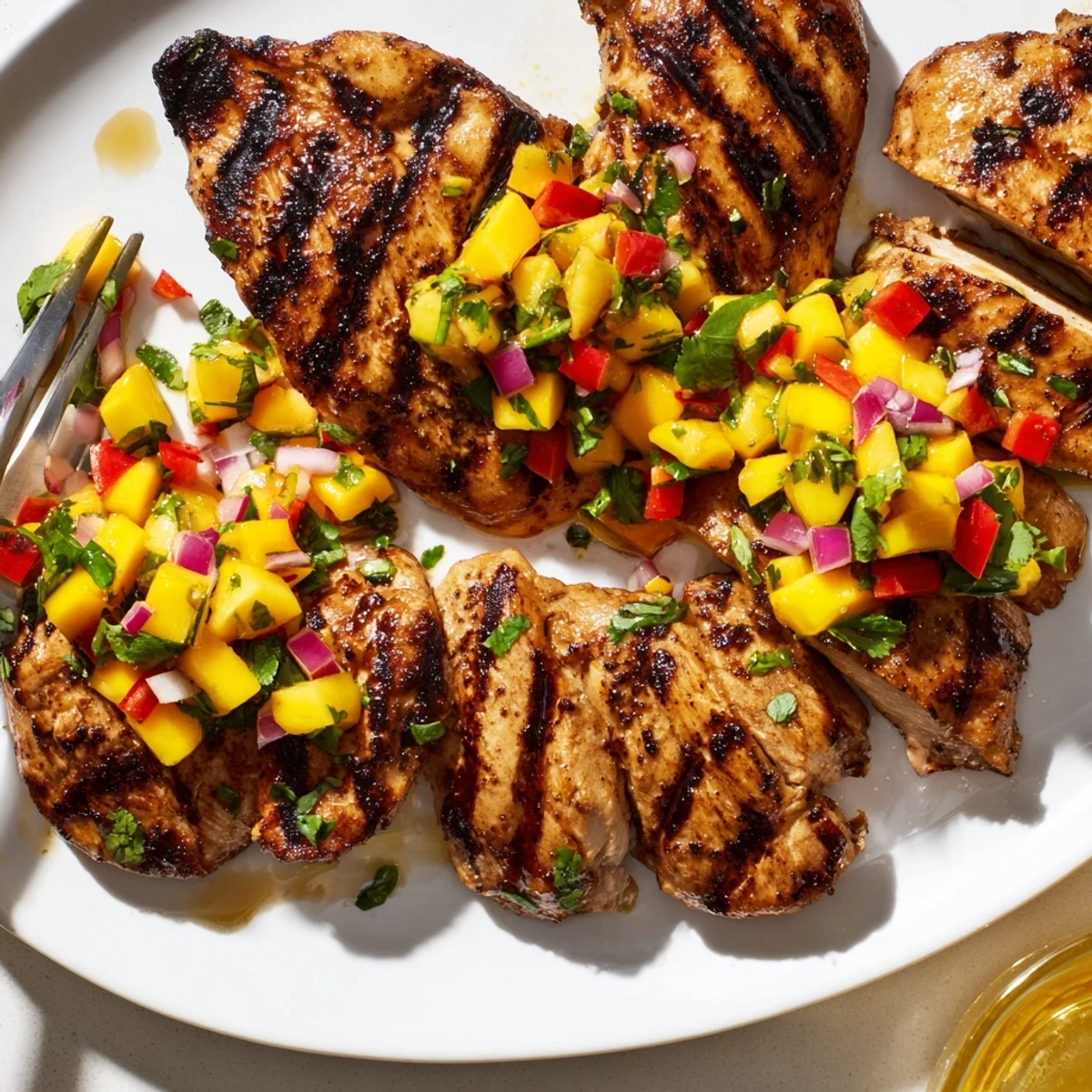 Golden grilled honey lime chicken topped with vibrant, chunky mango salsa