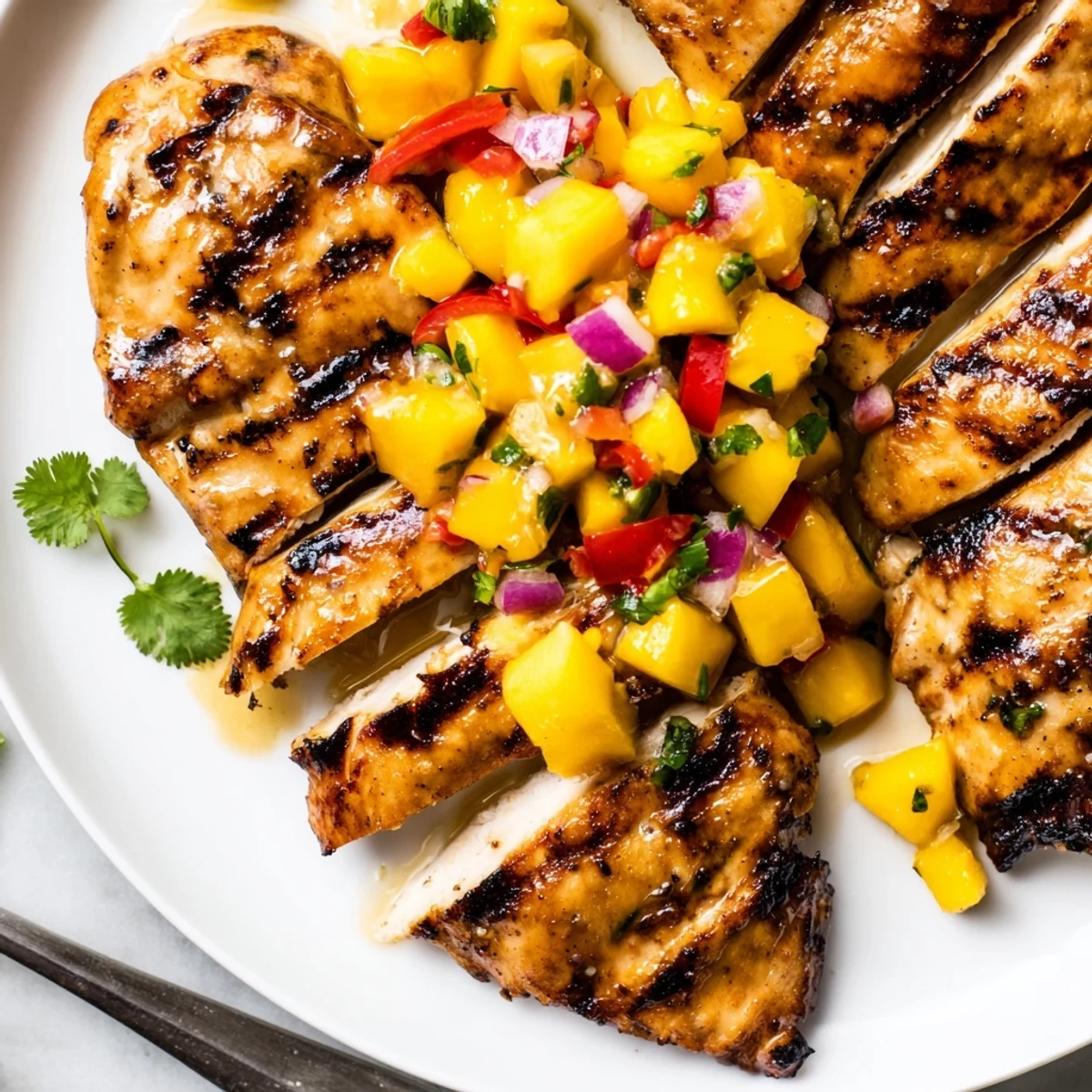 Charred honey lime chicken sliced and drizzled with sweet, citrusy mango salsa