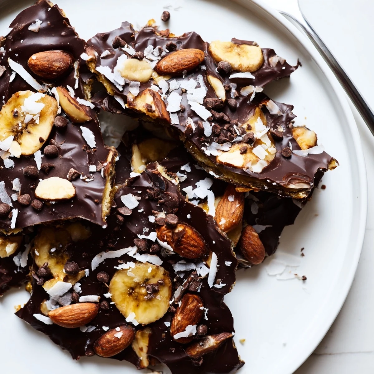 Glossy chocolate banana bark studded with roasted nuts and flaky sea salt