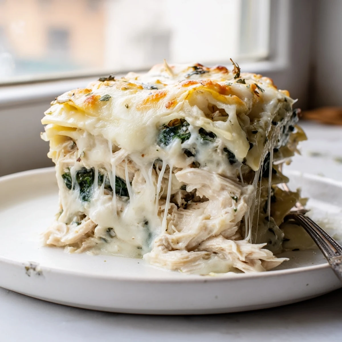 Baked white chicken lasagna sliced to reveal rich ricotta and melted mozzarella