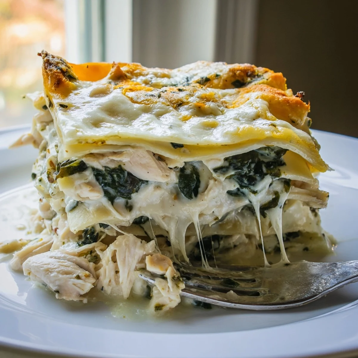 Creamy white chicken lasagna with golden bubbling cheese and tender spinach layers