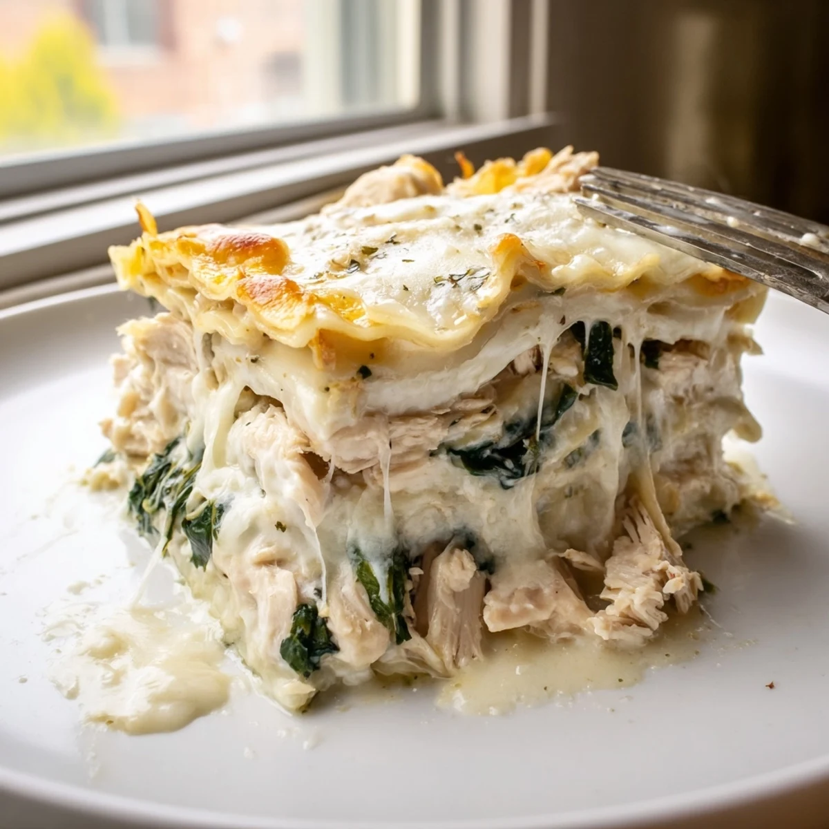 White chicken lasagna garnished with fresh herbs in a rustic baking dish
